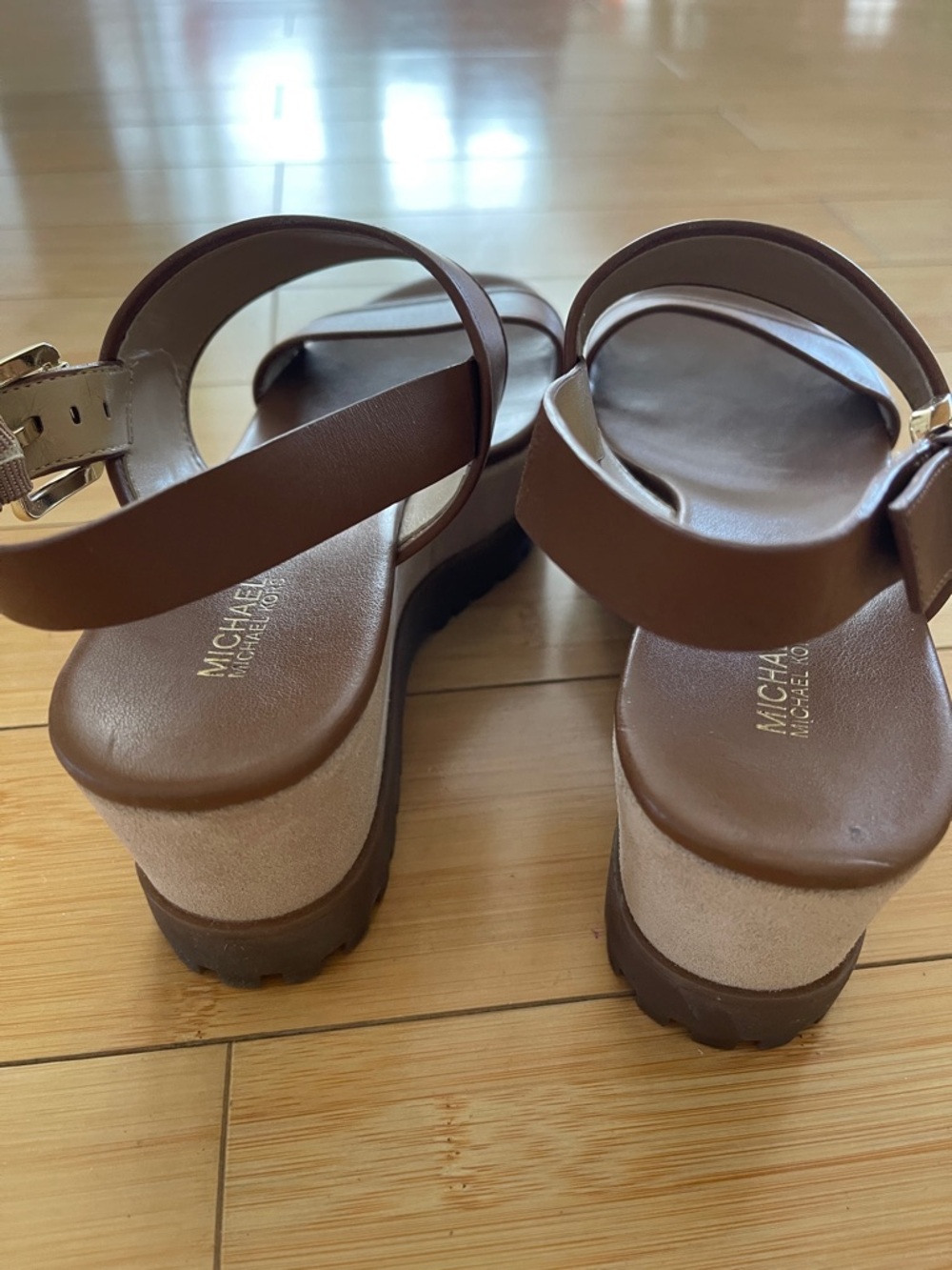 Women Michael Kors Brown Leather Double-Strap Slingback Platform Shoes Sandals 8 - Picture 4 of 11